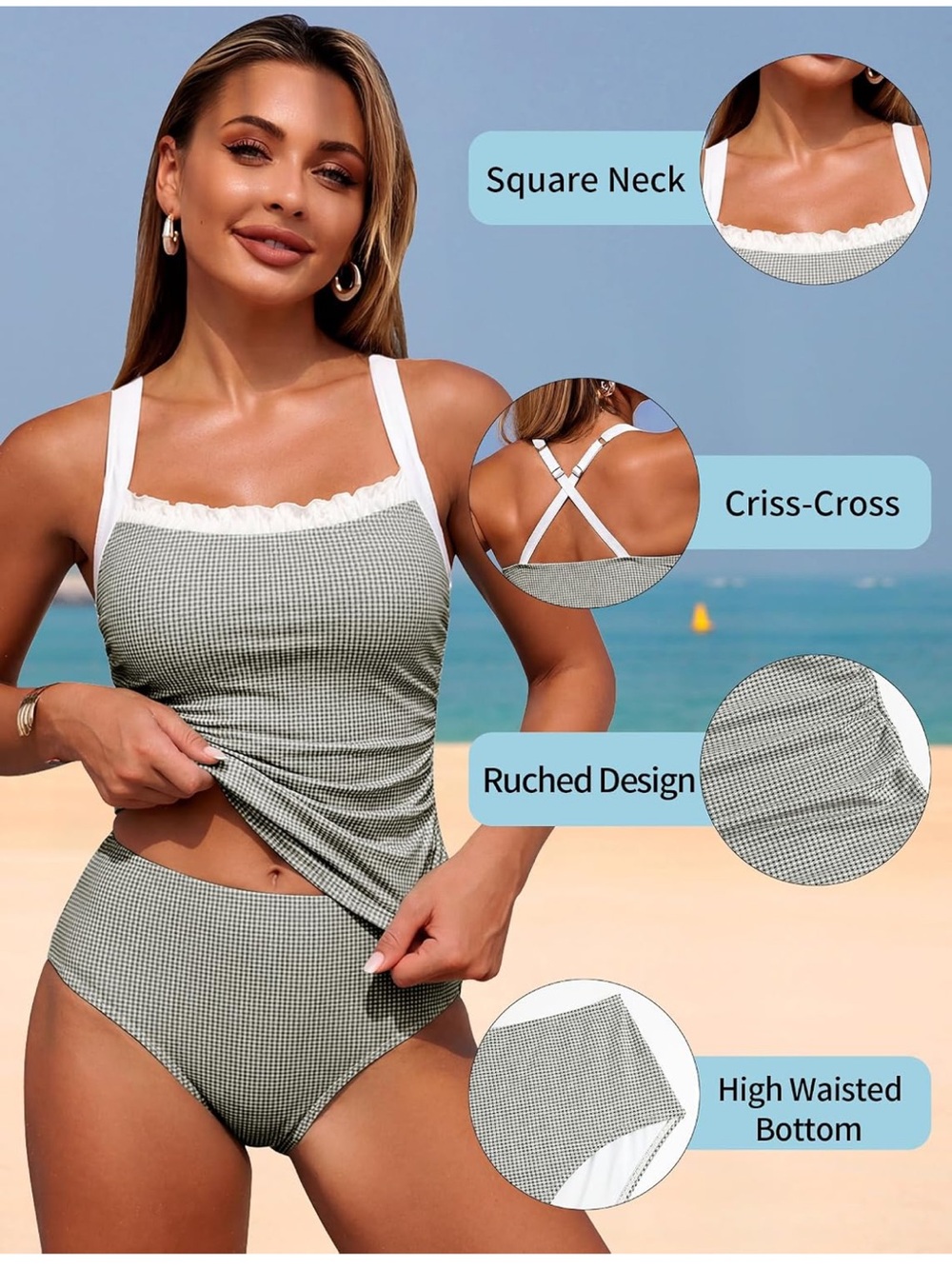 Gingham Tankini Set Striped  Square Neck Cross Strap Full Coverage Bottoms S. - Picture 4 of 8
